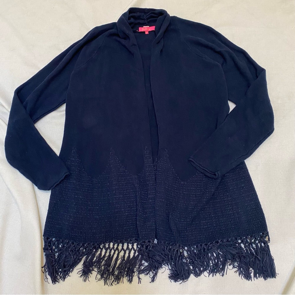 Lilly Pulitzer Tatum Cardigan Sweater XL Navy Fringe Trim Hem Open Front Long